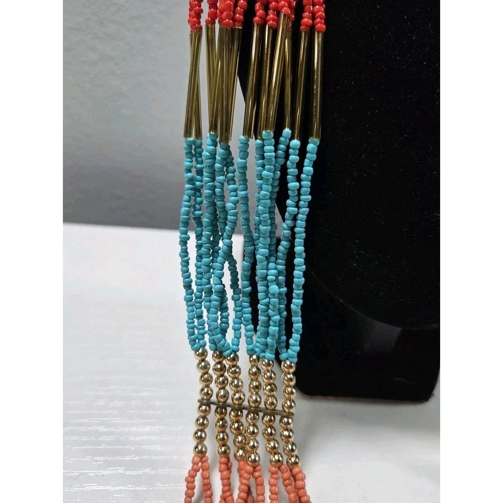 Multi-Strand Seed Bead Necklace Gold Accents Pink Turquoise‎ Coral